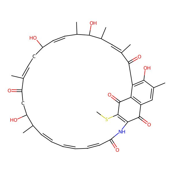 2D Structure of (7Z,9S,10S,11S,12E,14R,16E,20S,21R,22E,24Z,26E)-4,10,14,20-tetrahydroxy-3,7,9,11,17,21-hexamethyl-31-methylsulfanyl-29-azatricyclo[28.3.1.05,33]tetratriaconta-1(33),2,4,7,12,16,22,24,26,30-decaene-6,18,28,32,34-pentone