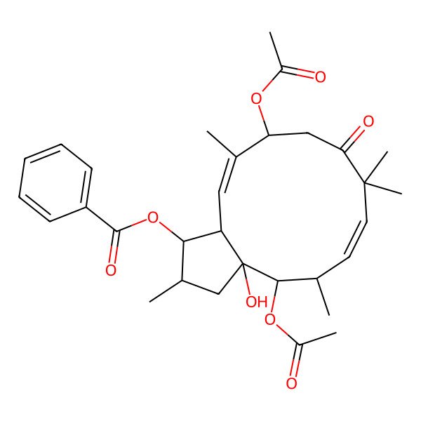 2D Structure of (4,11-Diacetyloxy-3a-hydroxy-2,5,8,8,12-pentamethyl-9-oxo-1,2,3,4,5,10,11,13a-octahydrocyclopenta[12]annulen-1-yl) benzoate