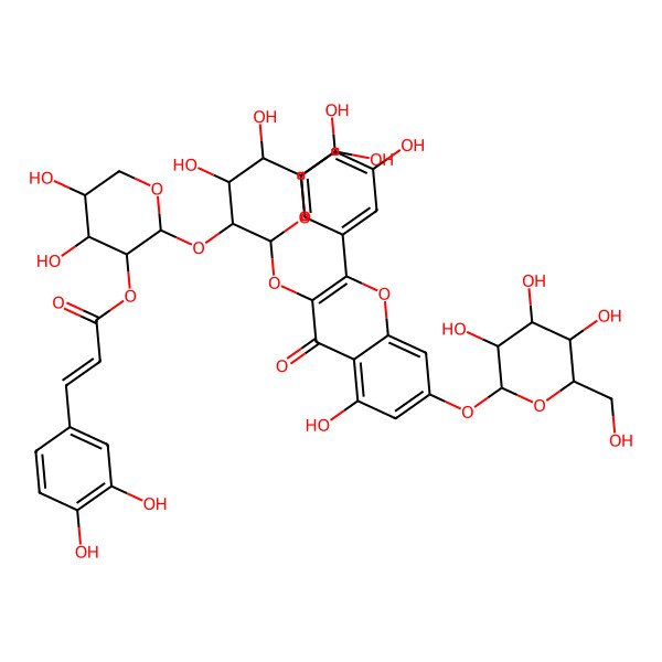 2D Structure of [(2R,3R,4S,5R)-2-[(2S,3S,4S,5S,6S)-2-[2-(3,4-dihydroxyphenyl)-5-hydroxy-4-oxo-7-[(2R,3S,4R,5S,6R)-3,4,5-trihydroxy-6-(hydroxymethyl)oxan-2-yl]oxychromen-3-yl]oxy-4,5-dihydroxy-6-(hydroxymethyl)oxan-3-yl]oxy-4,5-dihydroxyoxan-3-yl] (E)-3-(3,4-dihydroxyphenyl)prop-2-enoate