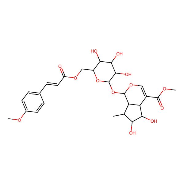 2D Structure of methyl (1S,4aS,5S,6R,7R,7aR)-5,6-dihydroxy-7-methyl-1-[(2S,3R,4S,5S,6R)-3,4,5-trihydroxy-6-[[(E)-3-(4-methoxyphenyl)prop-2-enoyl]oxymethyl]oxan-2-yl]oxy-1,4a,5,6,7,7a-hexahydrocyclopenta[c]pyran-4-carboxylate