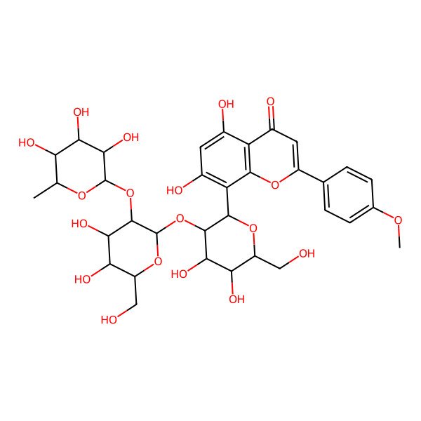 2D Structure of 8-[(2S,3R,4S,5S,6S)-3-[(2S,3R,4S,5S,6R)-4,5-dihydroxy-6-(hydroxymethyl)-3-[(2S,3S,4R,5R,6S)-3,4,5-trihydroxy-6-methyloxan-2-yl]oxyoxan-2-yl]oxy-4,5-dihydroxy-6-(hydroxymethyl)oxan-2-yl]-5,7-dihydroxy-2-(4-methoxyphenyl)chromen-4-one