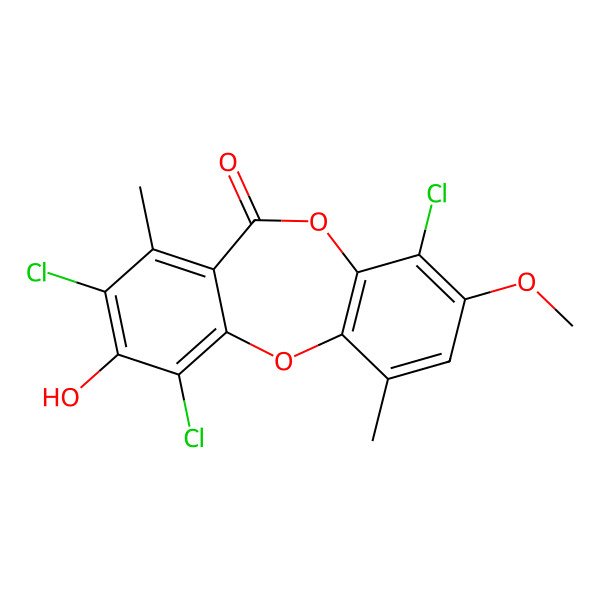 2D Structure of 4,8,10-Trichloro-9-hydroxy-3-methoxy-1,7-dimethylbenzo[b][1,4]benzodioxepin-6-one