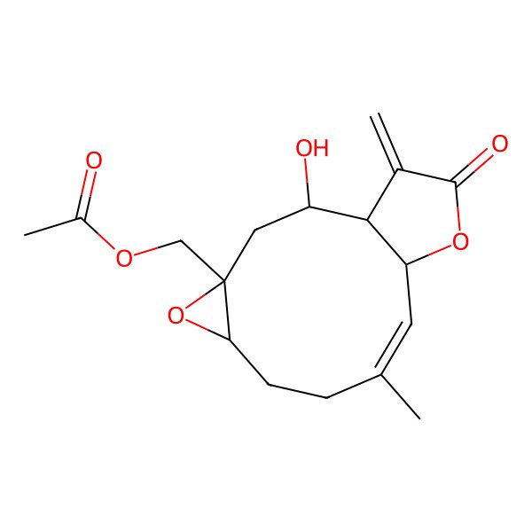 2D Structure of [(1R,2R,4S,6R,9E,11R)-2-hydroxy-9-methyl-14-methylidene-13-oxo-5,12-dioxatricyclo[9.3.0.04,6]tetradec-9-en-4-yl]methyl acetate