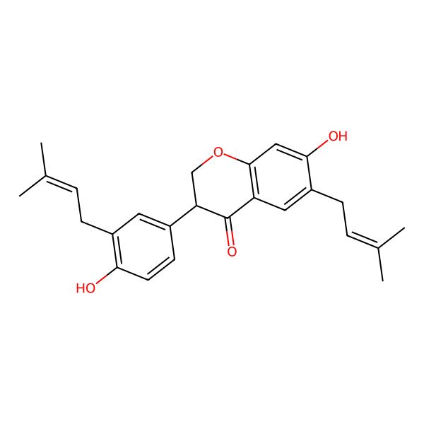 2D Structure of (3S)-7-hydroxy-3-[4-hydroxy-3-(3-methylbut-2-enyl)phenyl]-6-(3-methylbut-2-enyl)-2,3-dihydrochromen-4-one