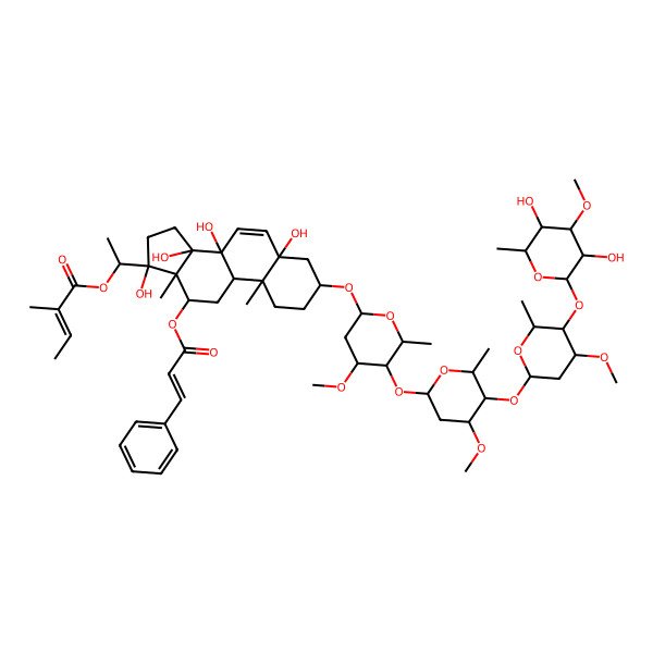 2D Structure of 1-[(3S,5S,8S,9R,10R,13R,14R,17S)-3-[(2R,4S,5R,6R)-5-[(2S,4S,5R,6R)-5-[(2S,4R,5R,6R)-5-[(2S,3R,4S,5R,6R)-3,5-dihydroxy-4-methoxy-6-methyloxan-2-yl]oxy-4-methoxy-6-methyloxan-2-yl]oxy-4-methoxy-6-methyloxan-2-yl]oxy-4-methoxy-6-methyloxan-2-yl]oxy-5,8,14,17-tetrahydroxy-10,13-dimethyl-12-[(E)-3-phenylprop-2-enoyl]oxy-2,3,4,9,11,12,15,16-octahydro-1H-cyclopenta[a]phenanthren-17-yl]ethyl (E)-2-methylbut-2-enoate