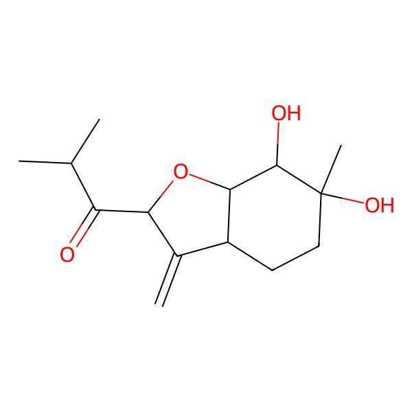 2D Structure of 1-[(2R,3aS,6R,7S,7aR)-6,7-dihydroxy-6-methyl-3-methylidene-4,5,7,7a-tetrahydro-3aH-1-benzofuran-2-yl]-2-methylpropan-1-one