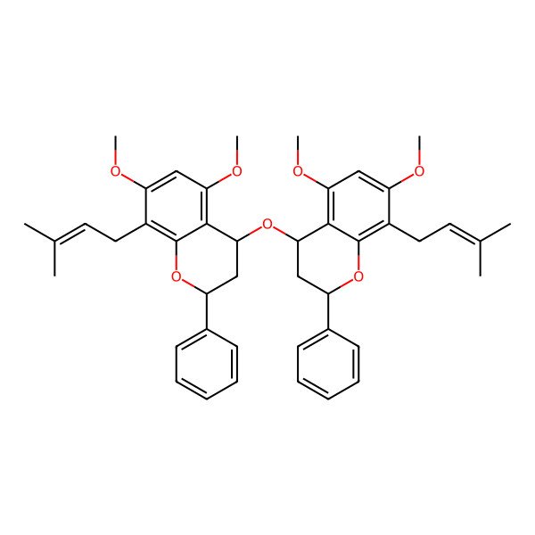 2D Structure of 4-[[5,7-dimethoxy-8-(3-methylbut-2-enyl)-2-phenyl-3,4-dihydro-2H-chromen-4-yl]oxy]-5,7-dimethoxy-8-(3-methylbut-2-enyl)-2-phenyl-3,4-dihydro-2H-chromene