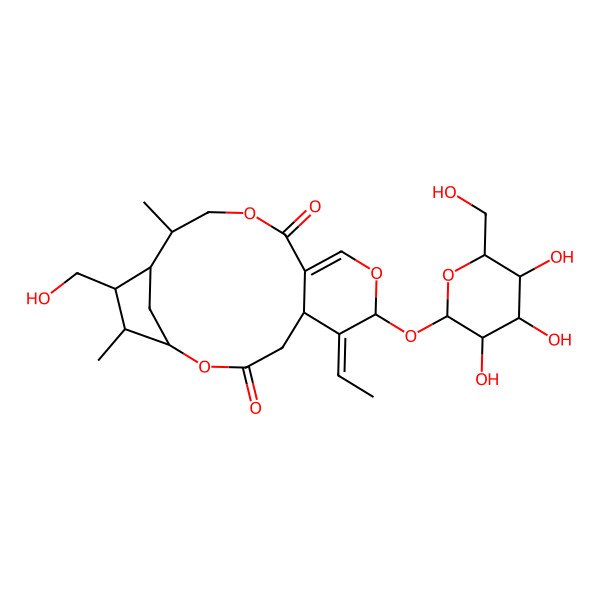 2D Structure of (1S,5S,6E,7S,14R,15R,16R,17R)-6-ethylidene-16-(hydroxymethyl)-14,17-dimethyl-7-[(2S,3R,4S,5S,6R)-3,4,5-trihydroxy-6-(hydroxymethyl)oxan-2-yl]oxy-2,8,12-trioxatricyclo[13.2.1.05,10]octadec-9-ene-3,11-dione