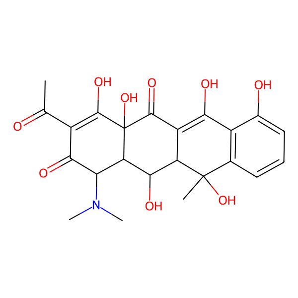 2D Structure of 3-Acetyl-1-(dimethylamino)-4,4a,6,7,11,12-hexahydroxy-11-methyl-1,11a,12,12a-tetrahydrotetracene-2,5-dione