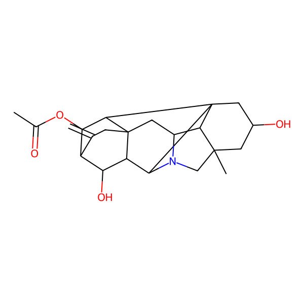 2D Structure of (3,10-Dihydroxy-5-methyl-12-methylidene-7-azaheptacyclo[9.6.2.01,8.05,17.07,16.09,14.014,18]nonadecan-19-yl) acetate