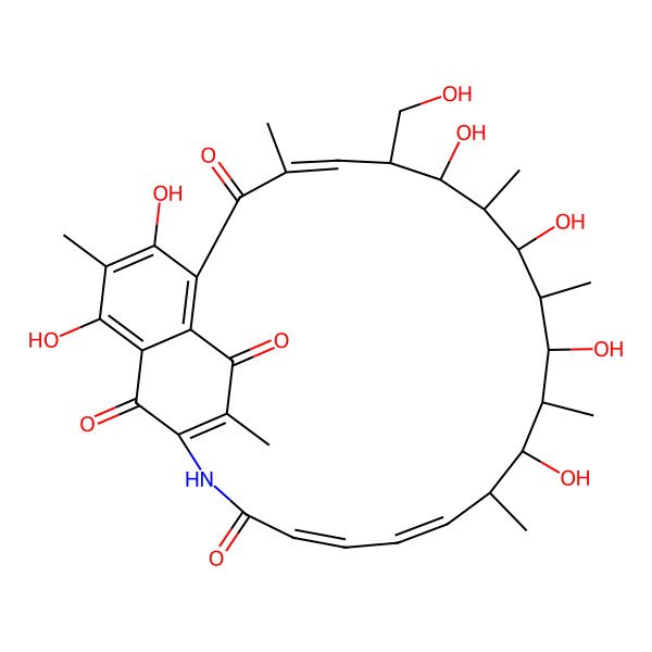 2D Structure of (7E,9R,10S,11R,12R,13R,14R,15R,16S,17S)-2,4,10,12,14,16-hexahydroxy-9-(hydroxymethyl)-3,7,11,13,15,17,25-heptamethyl-23-azatricyclo[22.3.1.05,27]octacosa-1,3,5(27),7,18,20,24-heptaene-6,22,26,28-tetrone