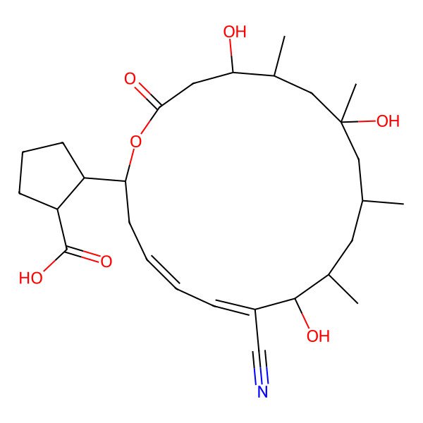 2D Structure of (1S)-2-[(2R,4E,6Z,8S,9S,11R,13S,15R,16R)-7-cyano-8,13,16-trihydroxy-9,11,13,15-tetramethyl-18-oxo-1-oxacyclooctadeca-4,6-dien-2-yl]cyclopentane-1-carboxylic acid