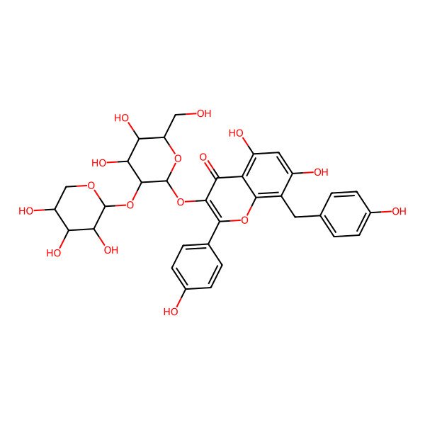 2D Structure of 3-[4,5-Dihydroxy-6-(hydroxymethyl)-3-(3,4,5-trihydroxyoxan-2-yl)oxyoxan-2-yl]oxy-5,7-dihydroxy-2-(4-hydroxyphenyl)-8-[(4-hydroxyphenyl)methyl]chromen-4-one