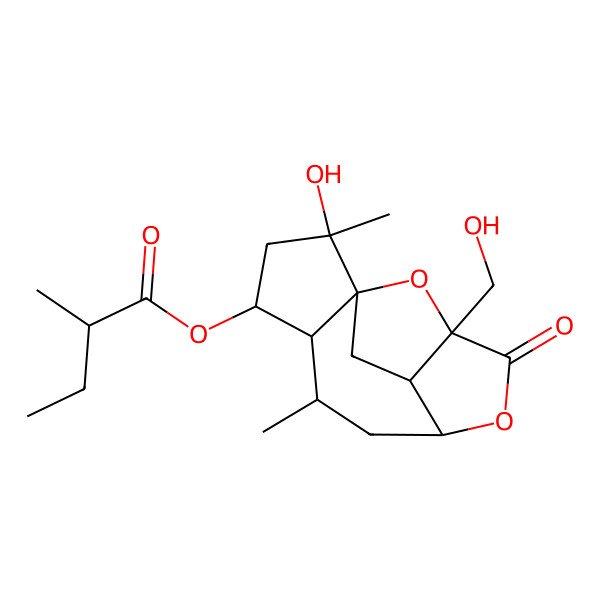 2D Structure of [2-Hydroxy-11-(hydroxymethyl)-2,6-dimethyl-10-oxo-9,14-dioxatetracyclo[9.2.1.01,5.08,12]tetradecan-4-yl] 2-methylbutanoate