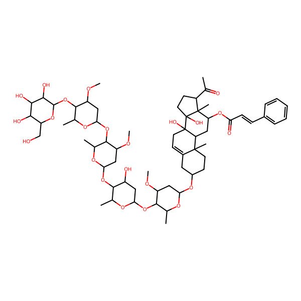 2D Structure of [(3S,8S,9R,10R,12R,13S,14R,17R)-17-acetyl-8,14-dihydroxy-3-[(2R,4S,5R,6R)-5-[(2S,4S,5S,6R)-4-hydroxy-5-[(2S,4S,5R,6R)-4-methoxy-5-[(2S,4R,5R,6R)-4-methoxy-6-methyl-5-[(2S,3R,4S,5S,6R)-3,4,5-trihydroxy-6-(hydroxymethyl)oxan-2-yl]oxyoxan-2-yl]oxy-6-methyloxan-2-yl]oxy-6-methyloxan-2-yl]oxy-4-methoxy-6-methyloxan-2-yl]oxy-10,13-dimethyl-2,3,4,7,9,11,12,15,16,17-decahydro-1H-cyclopenta[a]phenanthren-12-yl] (E)-3-phenylprop-2-enoate