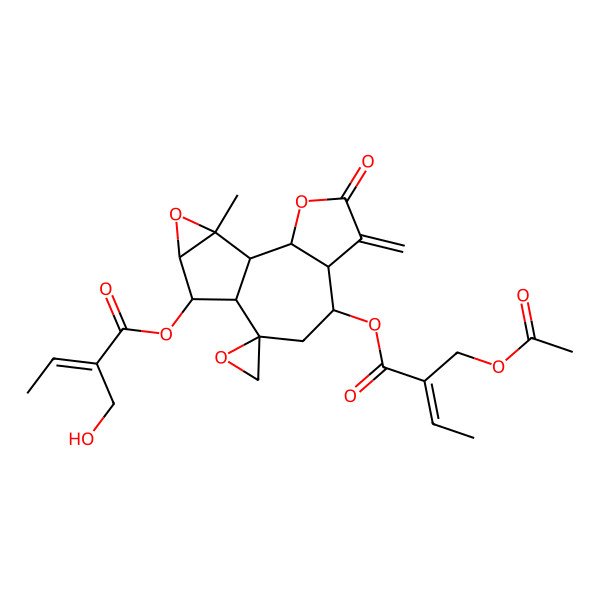 2D Structure of [(1R,2R,6S,7R,9R,10S,11R,12R,14S)-7-[(E)-2-(acetyloxymethyl)but-2-enoyl]oxy-14-methyl-5-methylidene-4-oxospiro[3,13-dioxatetracyclo[8.4.0.02,6.012,14]tetradecane-9,2'-oxirane]-11-yl] (E)-2-(hydroxymethyl)but-2-enoate