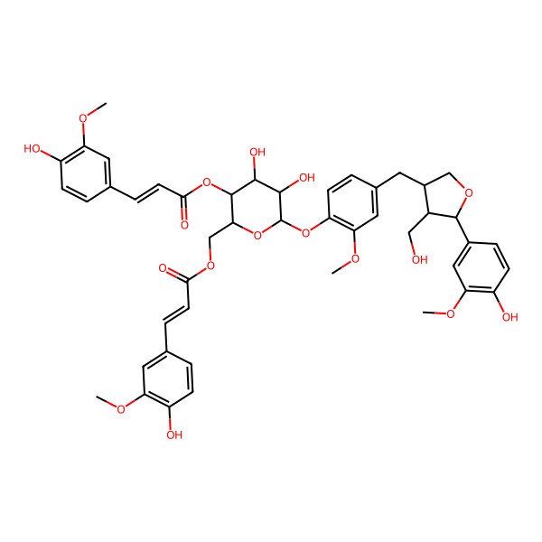 2D Structure of [(2R,3S,4R,5R,6S)-4,5-dihydroxy-6-[4-[[(3R,4R,5S)-5-(4-hydroxy-3-methoxyphenyl)-4-(hydroxymethyl)oxolan-3-yl]methyl]-2-methoxyphenoxy]-3-[(E)-3-(4-hydroxy-3-methoxyphenyl)prop-2-enoyl]oxyoxan-2-yl]methyl (E)-3-(4-hydroxy-3-methoxyphenyl)prop-2-enoate