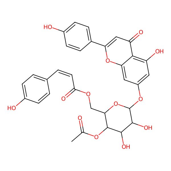 2D Structure of [(2R,3S,4R,5R,6S)-3-acetyloxy-4,5-dihydroxy-6-[5-hydroxy-2-(4-hydroxyphenyl)-4-oxochromen-7-yl]oxyoxan-2-yl]methyl (E)-3-(4-hydroxyphenyl)prop-2-enoate