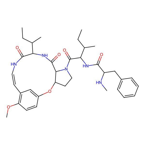2D Structure of (2S)-N-[(2S,3S)-1-[(3S,7S,10S,13E)-10-[(2S)-butan-2-yl]-16-methoxy-8,11-dioxo-2-oxa-6,9,12-triazatricyclo[13.3.1.03,7]nonadeca-1(19),13,15,17-tetraen-6-yl]-3-methyl-1-oxopentan-2-yl]-2-(methylamino)-3-phenylpropanamide
