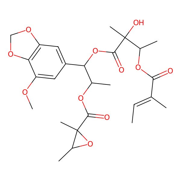 2D Structure of [(1R,2R)-1-[(3R)-2-hydroxy-2-methyl-3-[(E)-2-methylbut-2-enoyl]oxybutanoyl]oxy-1-(7-methoxy-1,3-benzodioxol-5-yl)propan-2-yl] 2,3-dimethyloxirane-2-carboxylate