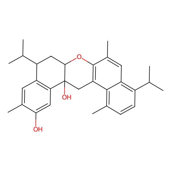 2D Structure of 5,11,19-Trimethyl-8,16-di(propan-2-yl)-13-oxapentacyclo[12.8.0.03,12.04,9.017,22]docosa-3(12),4,6,8,10,17(22),18,20-octaene-1,20-diol