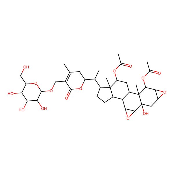 2D Structure of [10-Acetyloxy-5-hydroxy-11,15-dimethyl-16-[1-[4-methyl-6-oxo-5-[[3,4,5-trihydroxy-6-(hydroxymethyl)oxan-2-yl]oxymethyl]-2,3-dihydropyran-2-yl]ethyl]-3,8-dioxahexacyclo[10.7.0.02,4.05,11.07,9.015,19]nonadecan-14-yl] acetate