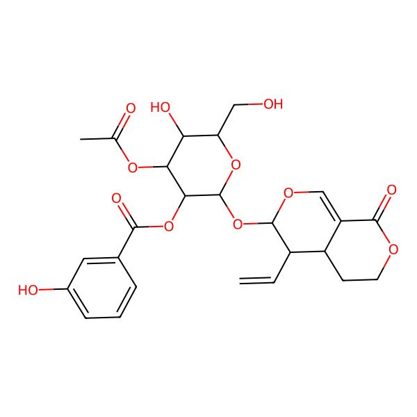 2D Structure of [(2S,3R,4S,5R,6R)-4-acetyloxy-2-[[(3R,4R,4aR)-4-ethenyl-8-oxo-4,4a,5,6-tetrahydro-3H-pyrano[3,4-c]pyran-3-yl]oxy]-5-hydroxy-6-(hydroxymethyl)oxan-3-yl] 3-hydroxybenzoate