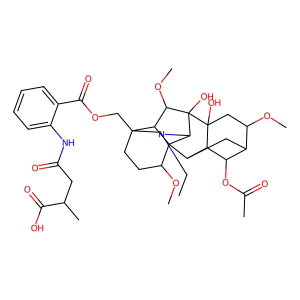 2D Structure of (2R)-4-[2-[[(1S,2R,3R,4S,5R,6S,8R,9S,10S,13S,16S,17R,18S)-4-acetyloxy-11-ethyl-8,9-dihydroxy-6,16,18-trimethoxy-11-azahexacyclo[7.7.2.12,5.01,10.03,8.013,17]nonadecan-13-yl]methoxycarbonyl]anilino]-2-methyl-4-oxobutanoic acid