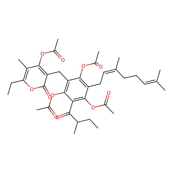 2D Structure of [2-ethyl-3-methyl-6-oxo-5-[[2,4,6-triacetyloxy-3-[(2E)-3,7-dimethylocta-2,6-dienyl]-5-[(2R)-2-methylbutanoyl]phenyl]methyl]pyran-4-yl] acetate