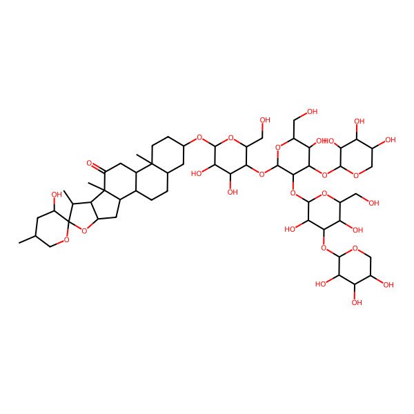 2D Structure of (3'S,5'R,7S,9S,13S,16S)-16-[(2R,3S,5R)-5-[(2S,3S,5R)-3-[(2S,3S,5R)-3,5-dihydroxy-6-(hydroxymethyl)-4-[(2S,3S,5R)-3,4,5-trihydroxyoxan-2-yl]oxyoxan-2-yl]oxy-5-hydroxy-6-(hydroxymethyl)-4-[(2S,3S,5R)-3,4,5-trihydroxyoxan-2-yl]oxyoxan-2-yl]oxy-3,4-dihydroxy-6-(hydroxymethyl)oxan-2-yl]oxy-3'-hydroxy-5',7,9,13-tetramethylspiro[5-oxapentacyclo[10.8.0.02,9.04,8.013,18]icosane-6,2'-oxane]-10-one