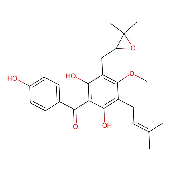2D Structure of [3-[[(2R)-3,3-dimethyloxiran-2-yl]methyl]-2,6-dihydroxy-4-methoxy-5-(3-methylbut-2-enyl)phenyl]-(4-hydroxyphenyl)methanone