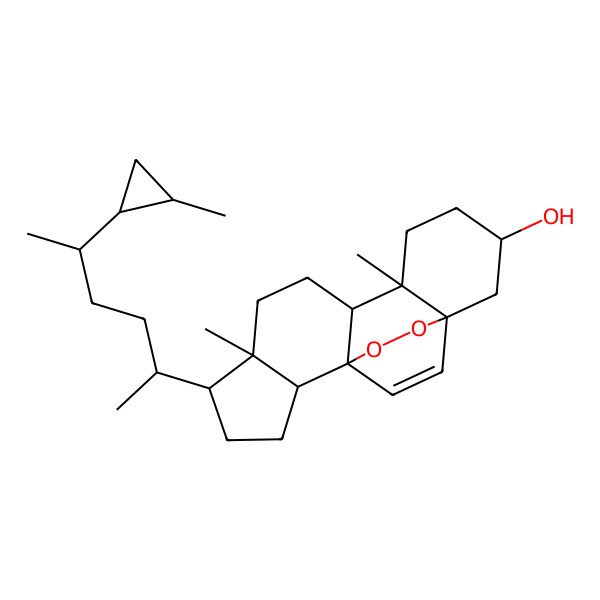 2D Structure of (1S,2R,5R,6R,9R,10R,13S,15S)-6,10-dimethyl-5-[(2R,5R)-5-[(1R,2R)-2-methylcyclopropyl]hexan-2-yl]-16,17-dioxapentacyclo[13.2.2.01,9.02,6.010,15]nonadec-18-en-13-ol