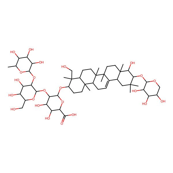 2D Structure of 5-[4,5-Dihydroxy-6-(hydroxymethyl)-3-(3,4,5-trihydroxy-6-methyloxan-2-yl)oxyoxan-2-yl]oxy-3,4-dihydroxy-6-[[9-hydroxy-4-(hydroxymethyl)-4,6a,6b,8a,11,11,14b-heptamethyl-10-(3,4,5-trihydroxyoxan-2-yl)oxy-1,2,3,4a,5,6,7,8,9,10,12,12a,14,14a-tetradecahydropicen-3-yl]oxy]oxane-2-carboxylic acid