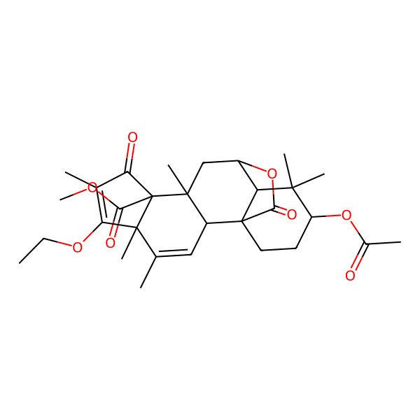 2D Structure of Methyl 15-acetyloxy-6-ethoxy-4,5,7,10,14,14-hexamethyl-8,18-dioxo-19-oxapentacyclo[10.5.2.01,13.02,10.05,9]nonadeca-3,6-diene-9-carboxylate