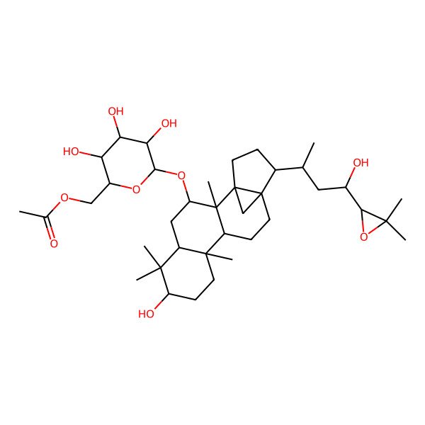 2D Structure of [6-[[15-[4-(3,3-Dimethyloxiran-2-yl)-4-hydroxybutan-2-yl]-7-hydroxy-2,6,6,10-tetramethyl-3-pentacyclo[12.3.1.01,14.02,11.05,10]octadecanyl]oxy]-3,4,5-trihydroxyoxan-2-yl]methyl acetate
