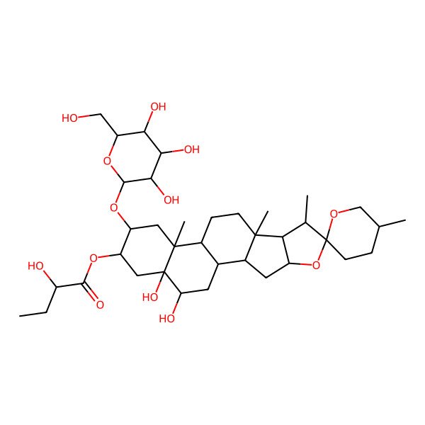 2D Structure of [18,19-Dihydroxy-5',7,9,13-tetramethyl-15-[3,4,5-trihydroxy-6-(hydroxymethyl)oxan-2-yl]oxyspiro[5-oxapentacyclo[10.8.0.02,9.04,8.013,18]icosane-6,2'-oxane]-16-yl] 2-hydroxybutanoate