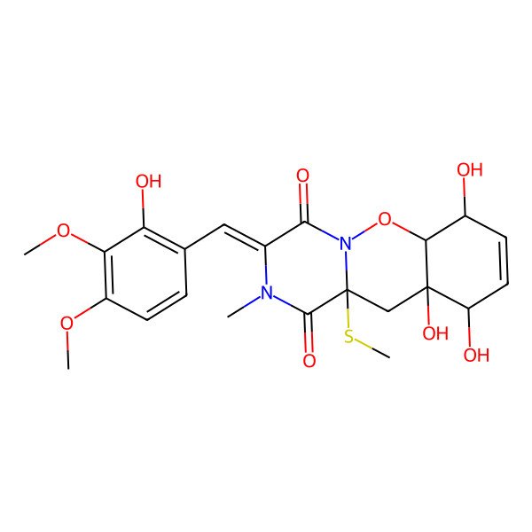 2D Structure of 7,10,10a-Trihydroxy-3-[(2-hydroxy-3,4-dimethoxyphenyl)methylidene]-2-methyl-11a-methylsulfanyl-6a,7,10,11-tetrahydropyrazino[1,2-b][1,2]benzoxazine-1,4-dione