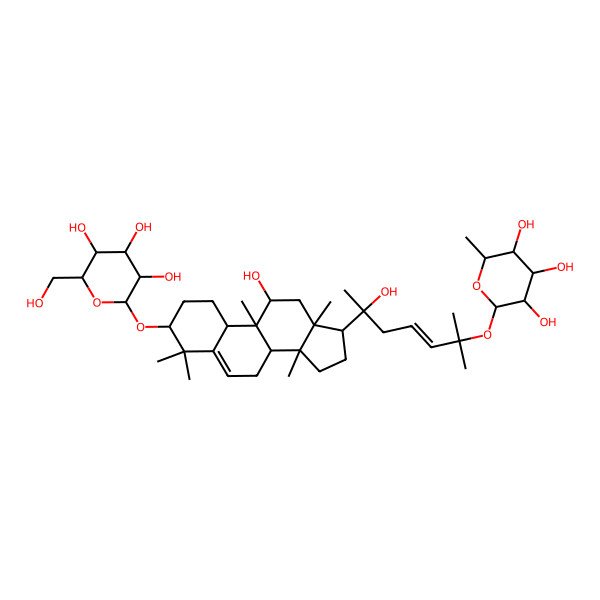 2D Structure of 2-[6-hydroxy-6-[11-hydroxy-4,4,9,13,14-pentamethyl-3-[3,4,5-trihydroxy-6-(hydroxymethyl)oxan-2-yl]oxy-2,3,7,8,10,11,12,15,16,17-decahydro-1H-cyclopenta[a]phenanthren-17-yl]-2-methylhept-3-en-2-yl]oxy-6-methyloxane-3,4,5-triol