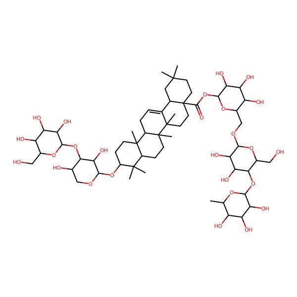 2D Structure of [(2S,3R,4S,5S,6R)-6-[[(2R,3R,4R,5S,6R)-3,4-dihydroxy-6-(hydroxymethyl)-5-[(2S,3R,4R,5R,6S)-3,4,5-trihydroxy-6-methyloxan-2-yl]oxyoxan-2-yl]oxymethyl]-3,4,5-trihydroxyoxan-2-yl] (4aS,6bR,10S,12aR)-10-[(2S,3R,4S,5S)-3,5-dihydroxy-4-[(2S,3R,4S,5S,6R)-3,4,5-trihydroxy-6-(hydroxymethyl)oxan-2-yl]oxyoxan-2-yl]oxy-2,2,6a,6b,9,9,12a-heptamethyl-1,3,4,5,6,6a,7,8,8a,10,11,12,13,14b-tetradecahydropicene-4a-carboxylate
