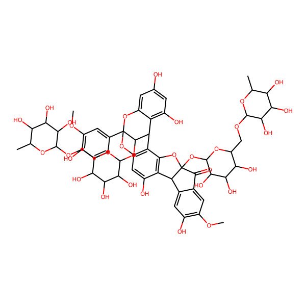 2D Structure of (1S,5S,13S,19R,27S)-10,15,23,25-tetrahydroxy-19-(4-hydroxy-3-methoxyphenyl)-9-methoxy-5,27-bis[[(2S,3R,4S,5S,6R)-3,4,5-trihydroxy-6-[[(2R,3R,4R,5R,6S)-3,4,5-trihydroxy-6-methyloxan-2-yl]oxymethyl]oxan-2-yl]oxy]-4,18,20-trioxaheptacyclo[17.7.1.02,17.03,14.05,13.07,12.021,26]heptacosa-2(17),3(14),7,9,11,15,21,23,25-nonaen-6-one