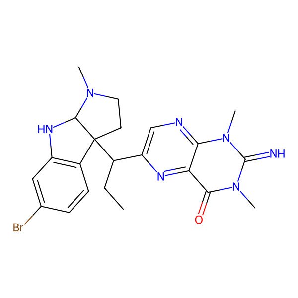 2D Structure of 6-[(1S)-1-[(3aS,8bR)-6-bromo-3-methyl-1,2,3a,4-tetrahydropyrrolo[2,3-b]indol-8b-yl]propyl]-2-imino-1,3-dimethylpteridin-4-one