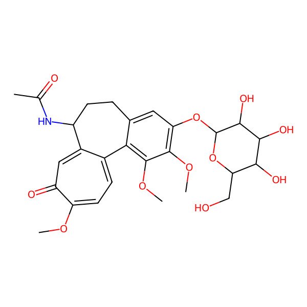 2D Structure of N-[1,2,10-trimethoxy-9-oxo-3-[3,4,5-trihydroxy-6-(hydroxymethyl)oxan-2-yl]oxy-6,7-dihydro-5H-benzo[a]heptalen-7-yl]acetamide