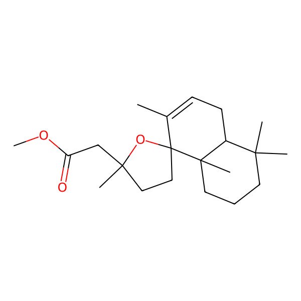 2D Structure of methyl 2-[(2'R,4aS,8R,8aS)-2',4,4,7,8a-pentamethylspiro[2,3,4a,5-tetrahydro-1H-naphthalene-8,5'-oxolane]-2'-yl]acetate