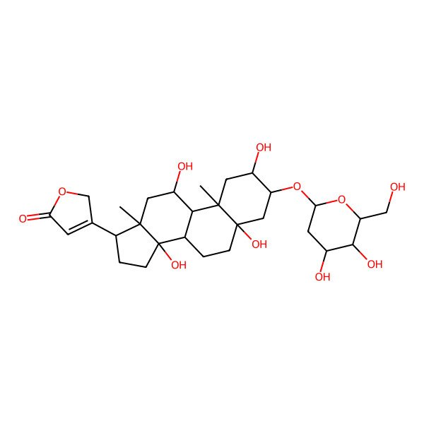 2D Structure of 3-[3-[4,5-dihydroxy-6-(hydroxymethyl)oxan-2-yl]oxy-2,5,11,14-tetrahydroxy-10,13-dimethyl-2,3,4,6,7,8,9,11,12,15,16,17-dodecahydro-1H-cyclopenta[a]phenanthren-17-yl]-2H-furan-5-one