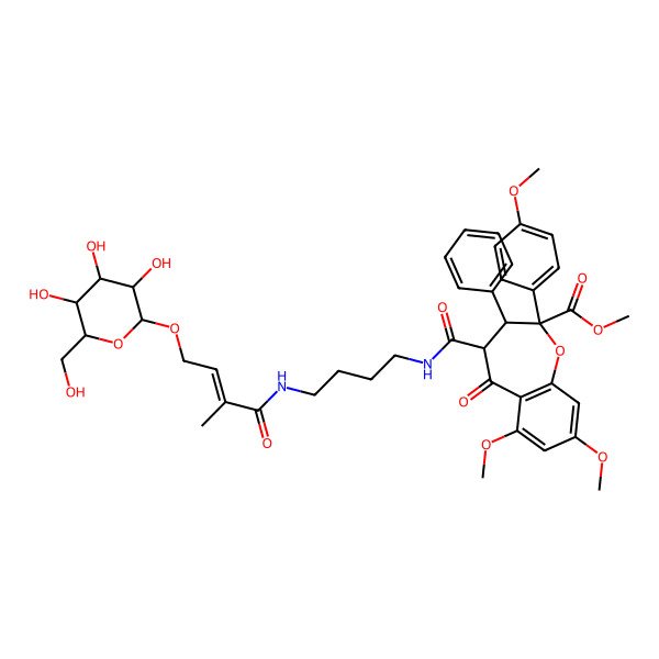 2D Structure of methyl (2R,3S,4R)-6,8-dimethoxy-2-(4-methoxyphenyl)-4-[4-[[(E)-2-methyl-4-[(2R,3R,4S,5S,6R)-3,4,5-trihydroxy-6-(hydroxymethyl)oxan-2-yl]oxybut-2-enoyl]amino]butylcarbamoyl]-5-oxo-3-phenyl-3,4-dihydro-1-benzoxepine-2-carboxylate