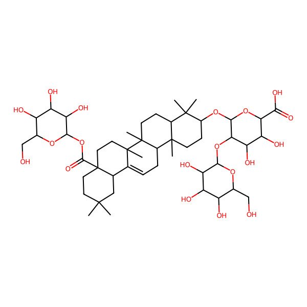 2D Structure of (2S,3S,4S,5R,6R)-6-[[(3S,4aR,6aR,6bS,8aS,12aS,14aR,14bR)-4,4,6a,6b,11,11,14b-heptamethyl-8a-[(2R,3R,4S,5S,6R)-3,4,5-trihydroxy-6-(hydroxymethyl)oxan-2-yl]oxycarbonyl-1,2,3,4a,5,6,7,8,9,10,12,12a,14,14a-tetradecahydropicen-3-yl]oxy]-3,4-dihydroxy-5-[(2S,3R,4S,5R,6R)-3,4,5-trihydroxy-6-(hydroxymethyl)oxan-2-yl]oxyoxane-2-carboxylic acid