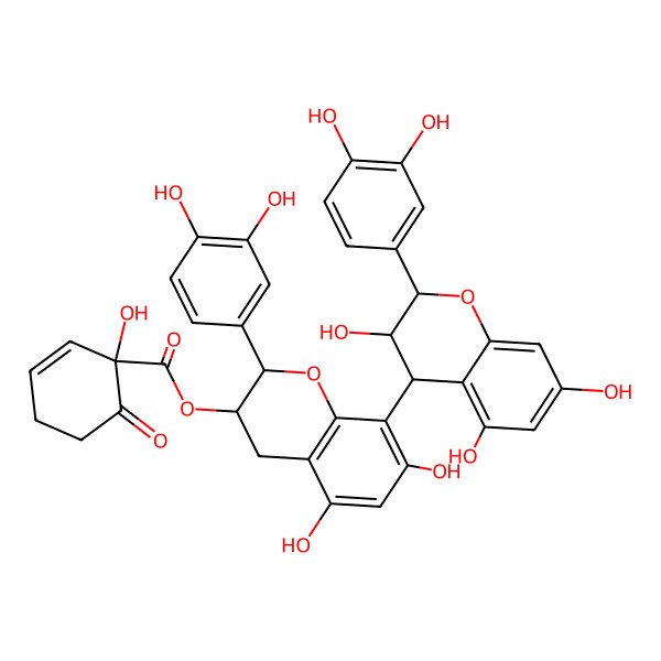2D Structure of [2-(3,4-dihydroxyphenyl)-8-[2-(3,4-dihydroxyphenyl)-3,5,7-trihydroxy-3,4-dihydro-2H-chromen-4-yl]-5,7-dihydroxy-3,4-dihydro-2H-chromen-3-yl] 1-hydroxy-6-oxocyclohex-2-ene-1-carboxylate