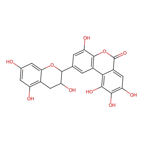 2D Structure of 4,8,9,10-tetrahydroxy-2-(3,5,7-trihydroxy-3,4-dihydro-2H-chromen-2-yl)benzo[c]chromen-6-one