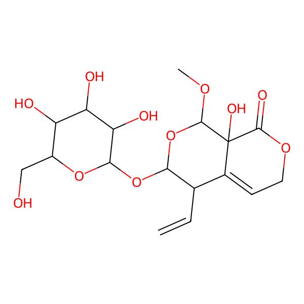 2D Structure of (1S,3R,4R,8aS)-4-ethenyl-8a-hydroxy-1-methoxy-3-[(2S,3R,4S,5S,6R)-3,4,5-trihydroxy-6-(hydroxymethyl)oxan-2-yl]oxy-1,3,4,6-tetrahydropyrano[3,4-c]pyran-8-one