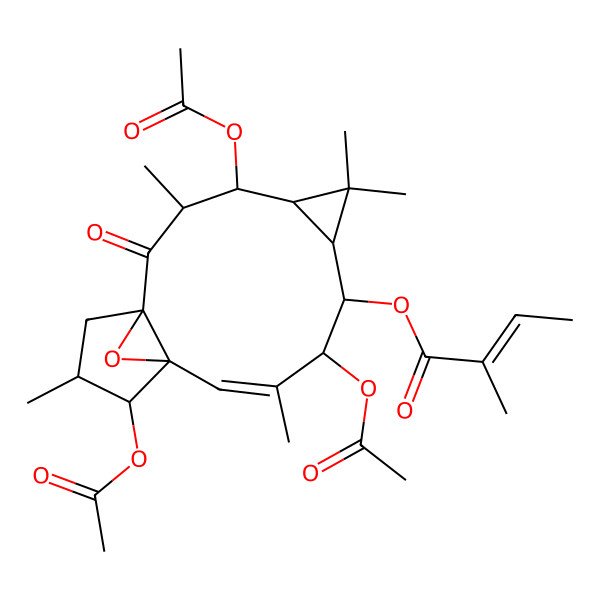 2D Structure of (4,9,13-Triacetyloxy-3,6,6,10,14-pentamethyl-2-oxo-16-oxatetracyclo[10.3.1.01,12.05,7]hexadec-10-en-8-yl) 2-methylbut-2-enoate